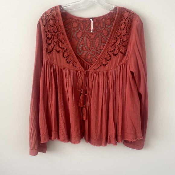 Free People Tops - Free People Orange  Oversized Long Sleeve Lace Top Sz XS